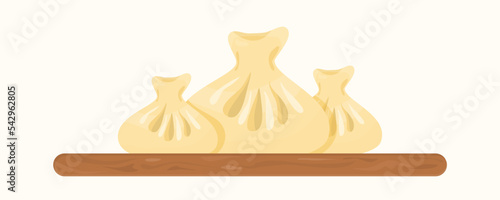 Khinkali on a wooden board. A portion of khinkali. Vector illustration of traditional dish