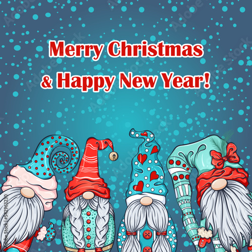 Christmas card with Scandinavian gnomes. Season greeting. Vector illustration in hand draw cartoon style
