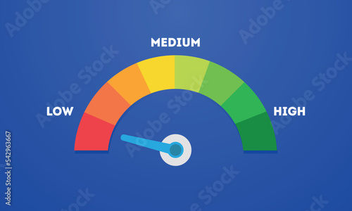 arrow point scale speed low status green speedometer icon Performance, pointer rating risk levels, meter, tachometer on blue background. 