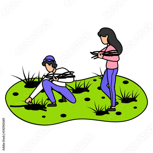 Man and Woman in Summer Camp at Forest Collecting Brushwood Concept vector color icon design, Outdoor weekend Activity symbol, Tourist Holidays Scene Sign, Happy people at Vacation stock illustration