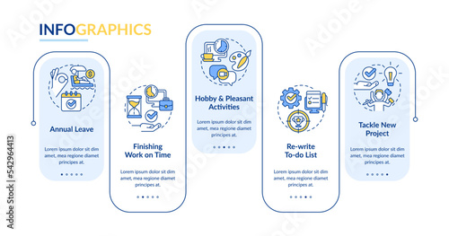 Burnout prevention rectangle infographic template. Employee mental health. Data visualization with 5 steps. Editable timeline info chart. Workflow layout with line icons. Lato Bold, Regular fonts used