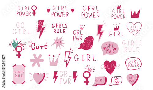 Girl power vector set of illustrations. Feminism concept. Pink girly stickers and motivational lettering. Feminism big set of illustrations