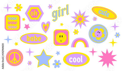 Girly stickers 90s set. Vector set of pop stickers retro 2000 vibe. Y2k nostalgia concept. Stars, rainbows, girl, babe stickers