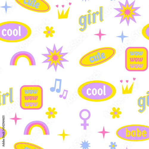 Girly Stickers seamless pattern 2000 vibe.  Square seamless background. Y2k pattern retro vibe. 2000s style wallpaper