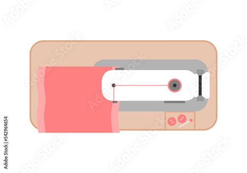 White vintage industrial sewing machine with pink line thread for pink sew seam fabric cloth top view on white background icon flat vector design.