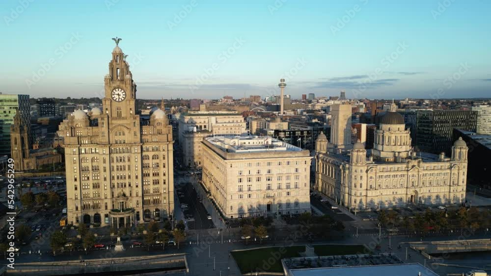 Liverpool Pier Head showing The Liver Building, Merseyside, England