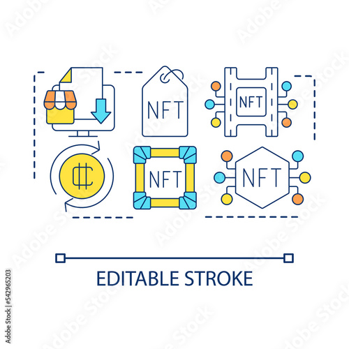 Start NFTs sale concept icon. Create portfolio on marketplace. Crypto art management abstract idea thin line illustration. Isolated outline drawing. Editable stroke. Arial font used