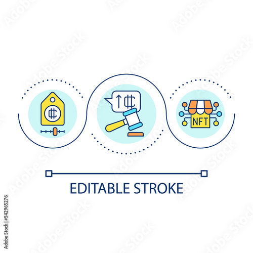 Buy and sell NFT at auction loop concept icon. Crypto artwork. Business with blockchain network abstract idea thin line illustration. Isolated outline drawing. Editable stroke. Arial font used
