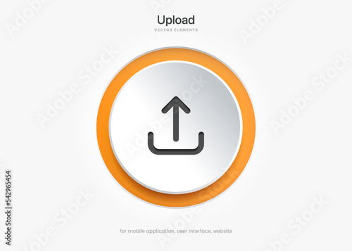 3D orange upload download button icon. Upload icon. Down arrow bottom side symbol. Click here button. Save cloud icon push button for UI UX, website, mobile application.