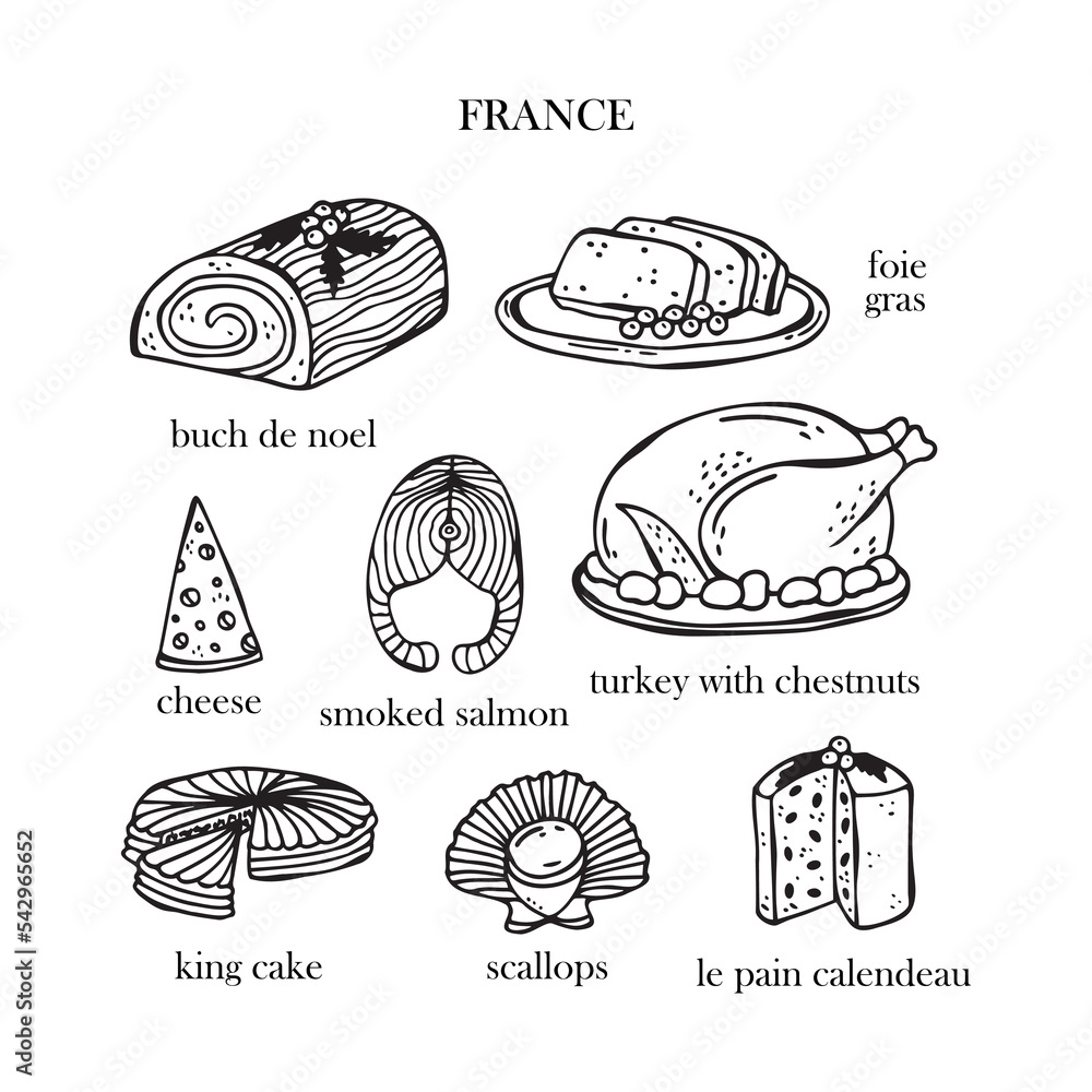 Vector set of illustrations of French Christmas dishes. New Year ...