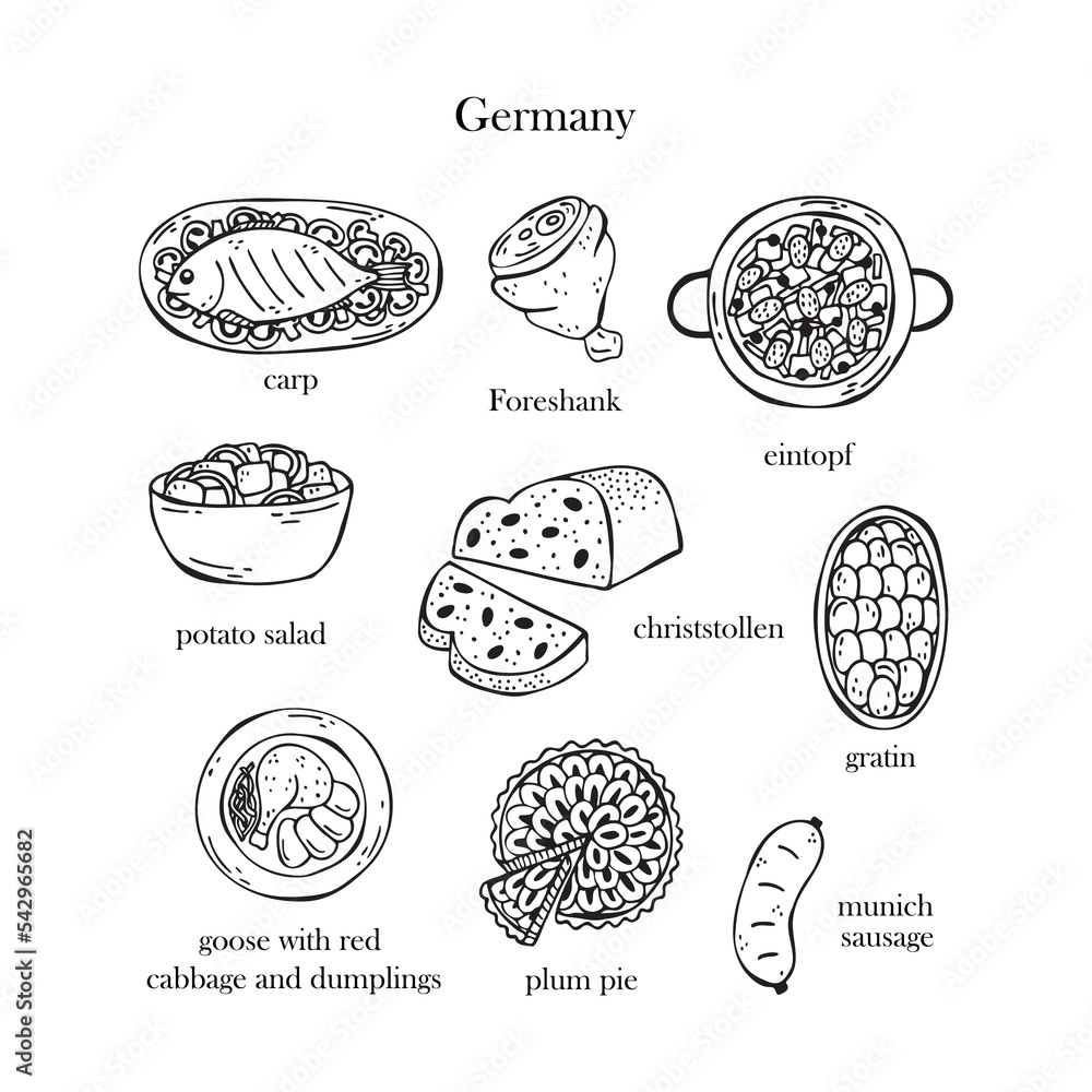 Vector set of illustrations of German Christmas dishes. New Year. Traditional German food. Vector set of illustrations of German Christmas dishes. New Year. Traditional German food.