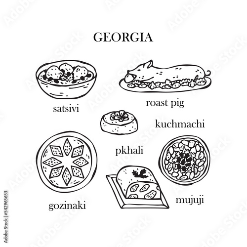 Vector set of illustrations of Georgian Christmas dishes. New Year. Traditional Georgian food.