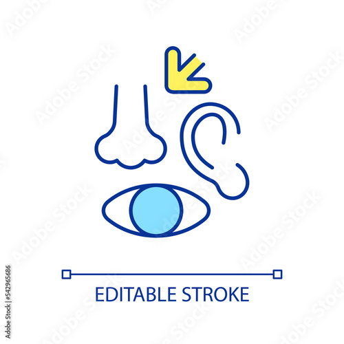 Human sense organs RGB color icon. Sensory systems. Perception of information. Five receptors. Isolated vector illustration. Simple filled line drawing. Editable stroke. Arial font used