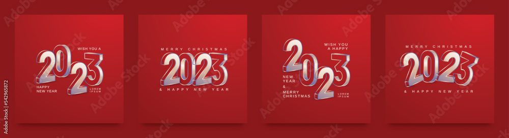 Happy new year 2023. Set of 2023 new year with 3D number on red background. New year and Christmas 2023 background template for greeting card, banner and post media Happy new year 2023. Set of 2023 new year with 3D number on red background. New year and Christmas 2023 background template for greeting card, banner and post media
