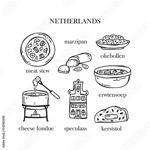 Vector set of illustrations of Dutch Christmas dishes. New Year. Traditional food of the Netherlands.