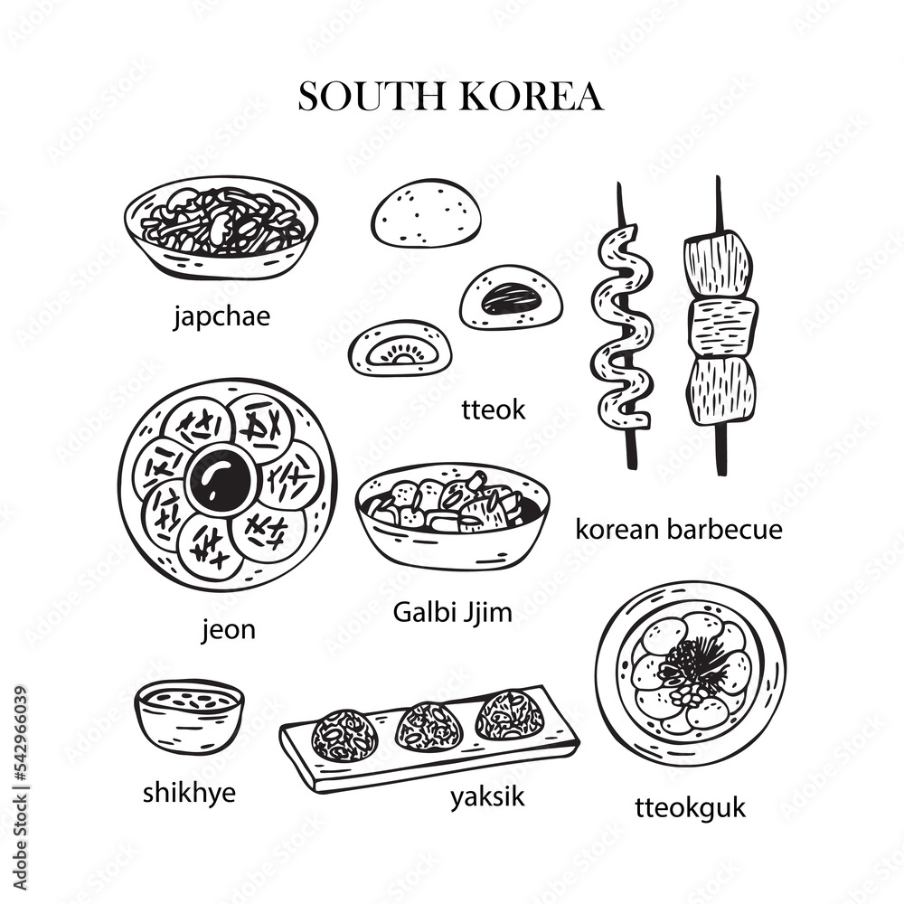 Vector set of illustrations of Korean Christmas dishes. New Year. Traditional food of South Korea.