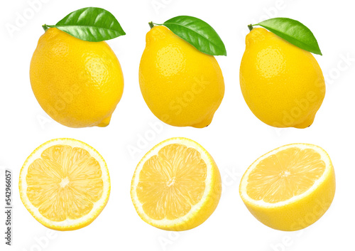 lemon fruit with leaves, slice and half isolated on white background, Fresh and Juicy Lemon, cut out