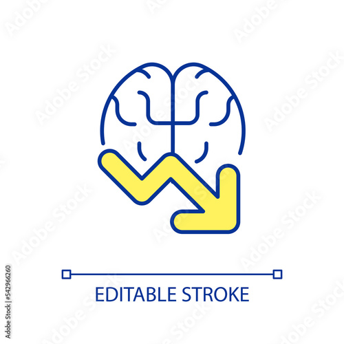 Decreased mental productivity RGB color icon. Lowering brain activity. Mind problem. Ineffective memorizing. Isolated vector illustration. Simple filled line drawing. Editable stroke. Arial font used