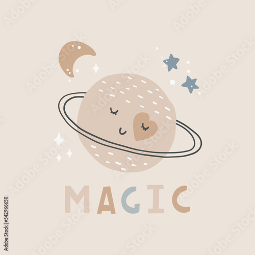 Cute cartoon Bohemian nursery posters. Boho vector print for wall decor in children's bedroom. Cute characters planet and hand drawn lettering quote.