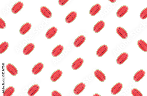 Vibrant Red Half Cut Fresh Watermelon Rows Pattern on White Background