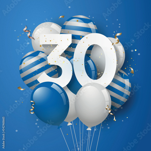 Happy 30th birthday with blue balloons greeting card background. 30 years anniversary. 30th celebrating with confetti. Vector stock
