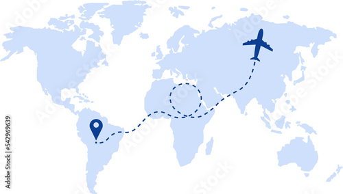 Airplane travel route with start point concept on world map