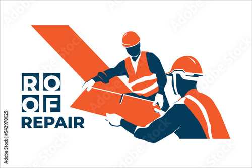 Workers roof repair. Vector illustration.