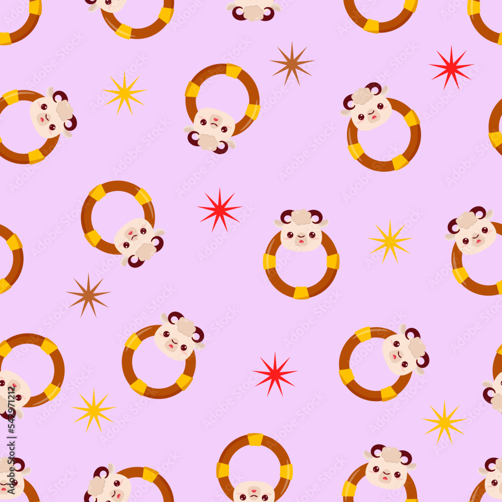 Obraz premium Seamless pattern with animals on a lilac background. A pattern with a baby rattle in the form of a lamb. Kawaii animals