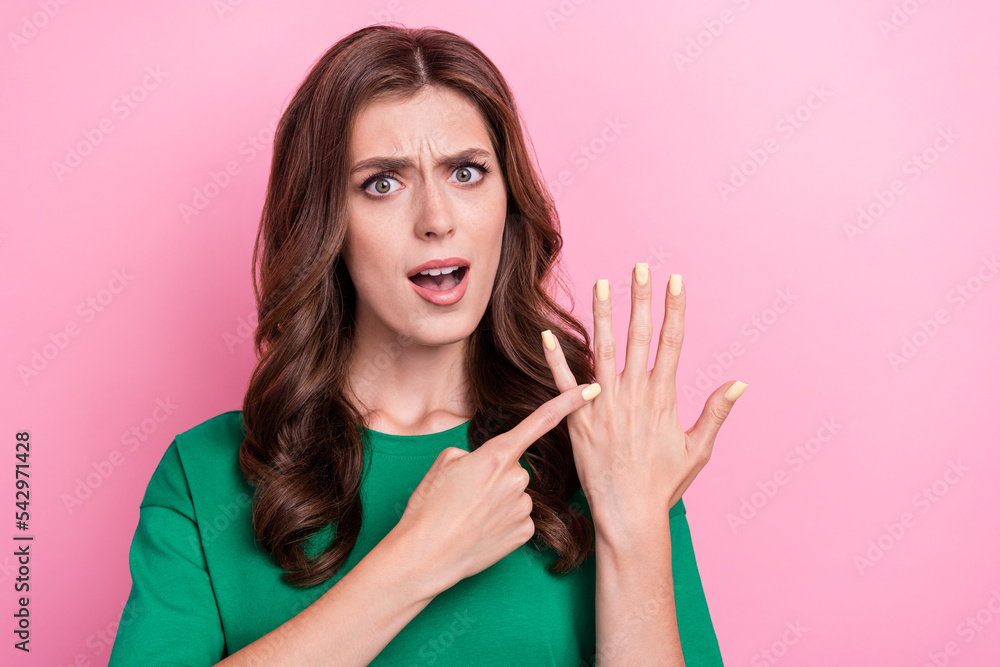 Photo of adorable stressed negative mood girl stylish outfit ask boyfriend about marriage empty space isolated on pink color background Photo of adorable stressed negative mood girl stylish outfit ask boyfriend about marriage empty space isolated on pink color background