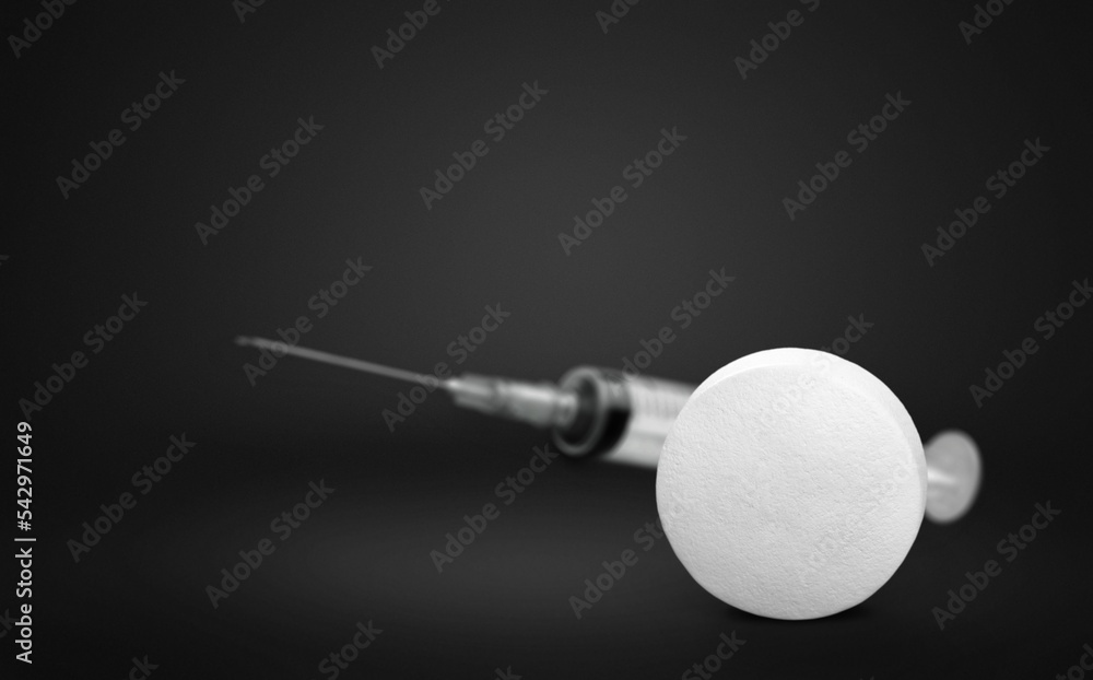 Medical tablet and pill with bottle and syringe, health concept Medical tablet and pill with bottle and syringe, health concept