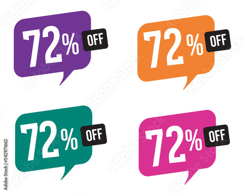 72 percent discount. purple, orange, green and pink balloons for promotions and offers. Vector Illustration on white background.