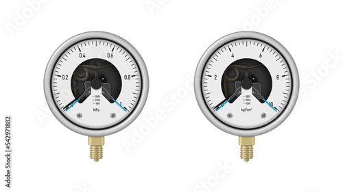 Realistic pressure gauge with brass fitting. Pressure measurement tool. Vector illustration.