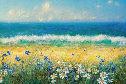 Leinwand Poster Summer blue sky green sea water wild flowers on beach nature landscape , impress
