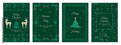 Universal templates for Christmas cards, greetings and corporate invitations with floral ornament frames, deer and holly branches. Vector illustration. Flat design..
