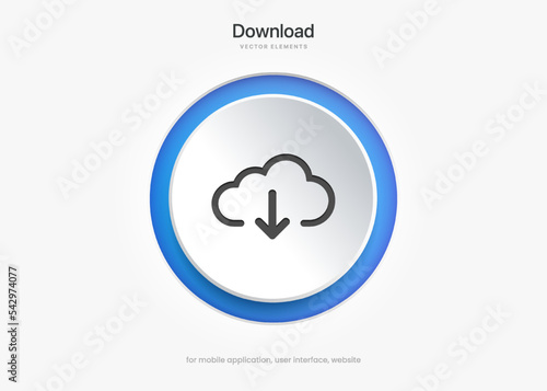 3D blue download button icon. Upload icon. Down arrow bottom side symbol. Click here button. Save cloud icon push button for UI UX, website, mobile application.