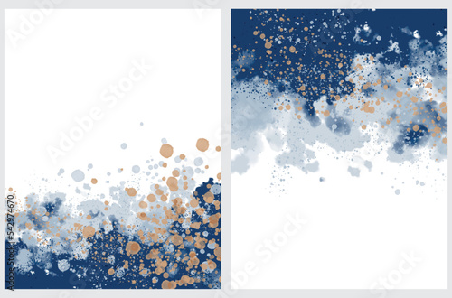 Set of 2 Delicate Abstract Watercolor Style Vector Layouts. Dark and Light Blue Paint Stains and Gold Splatter on a White Background. Iregular Stains and Splash Print Set. No text. Artistic Layouts.
