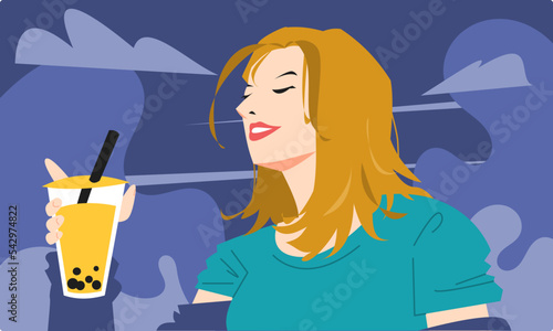 woman holding bubble milk tea drink. boba. woman with a happy expression. drink, snack, tasty concept. flat vector illustration