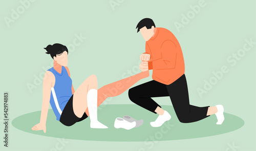 female athlete with leg injury. treated by medical personnel. sports concept, warm up, injury, incident, etc. flat vector illustration