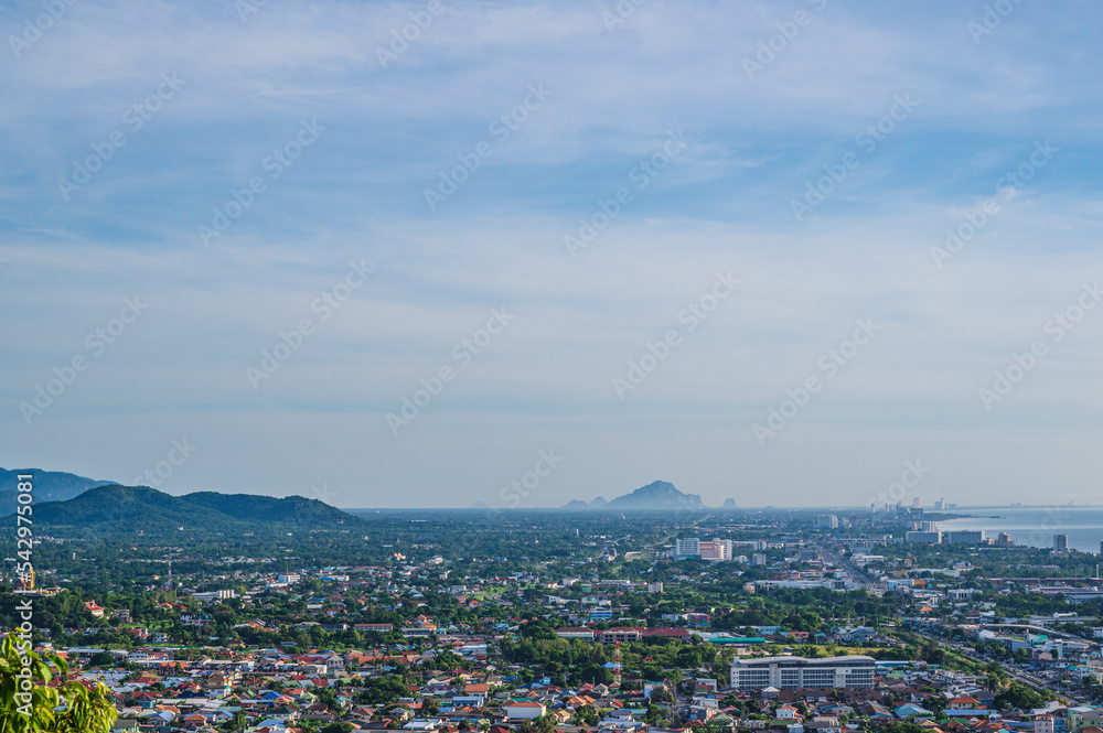 Fototapeta premium Cityscape view of huahin district from Khao hin lek fai view point sigh. Khao Hin Lek Fai is a place to see a spectacular view of the entire town.Also know as khao radar in local people 