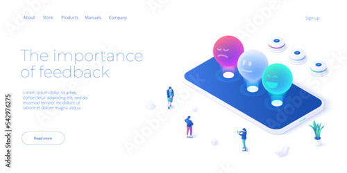 Sentiment analysis concept in isometeric vector design. Client feedback or opinion review via emotion icons. Business marketing technique. Web banner layout template