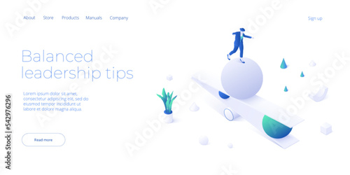 Balanced leadership concept in isometric vector illustration. Leader balancing life and work. Business stability metaphor.  Web banner layout template