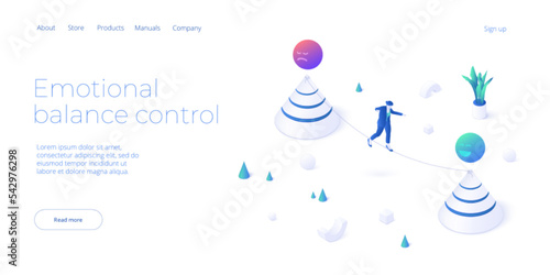 Emotional balance concept in isometric vector design. Control of emotions or mental stability and healthy mindset. Web banner layout template