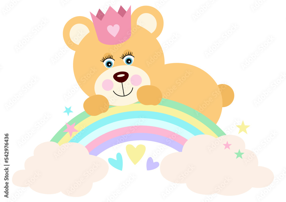 Princess teddy bear on rainbow with clouds and stars Princess teddy bear on rainbow with clouds and stars