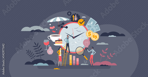 Life and work balance for personal and business harmony tiny person concept. Happiness and financial earnings choice vector illustration. Recreation, leisure and work stress management. Money vs love.