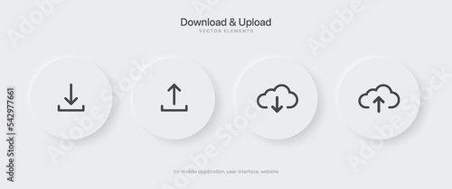 3D black download upload button icon. Upload icon. Down arrow bottom side symbol. Click here button. Save cloud icon push button for UI UX, website, mobile application. photo
