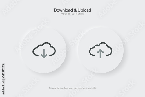 3D black download upload button icon. Upload icon. Down arrow bottom side symbol. Click here button. Save cloud icon push button for UI UX, website, mobile application.