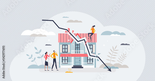 Housing market crash with price drop and decline in home sales tiny person concept. Real estate property purchase recession and value collapse vector illustration. Economy recession and drop forecast.