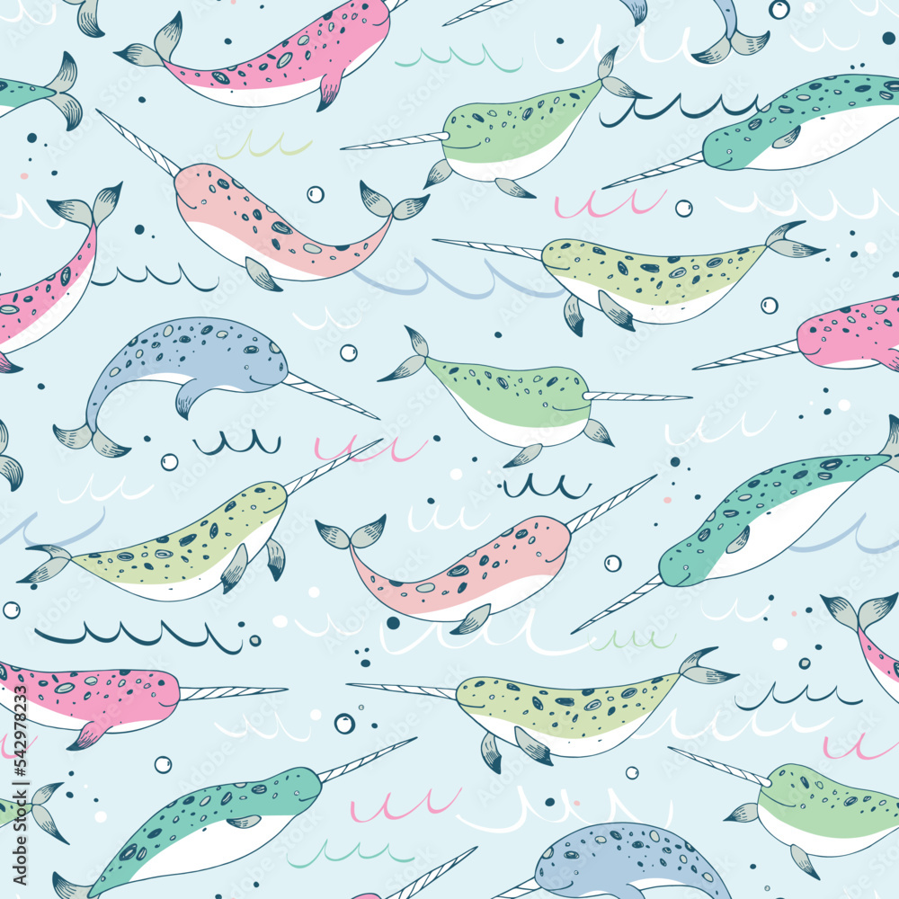 Obraz premium Sea animal narwhal vector seamless pattern.