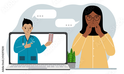 Online consultation with a doctor. A arabic woman in pain holds his hands to his face and communicates through a laptop with a doctor.