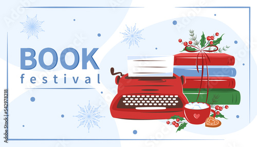Book festival. Layout design for bookstore, library. Books with winter holiday decor. Vector illustration